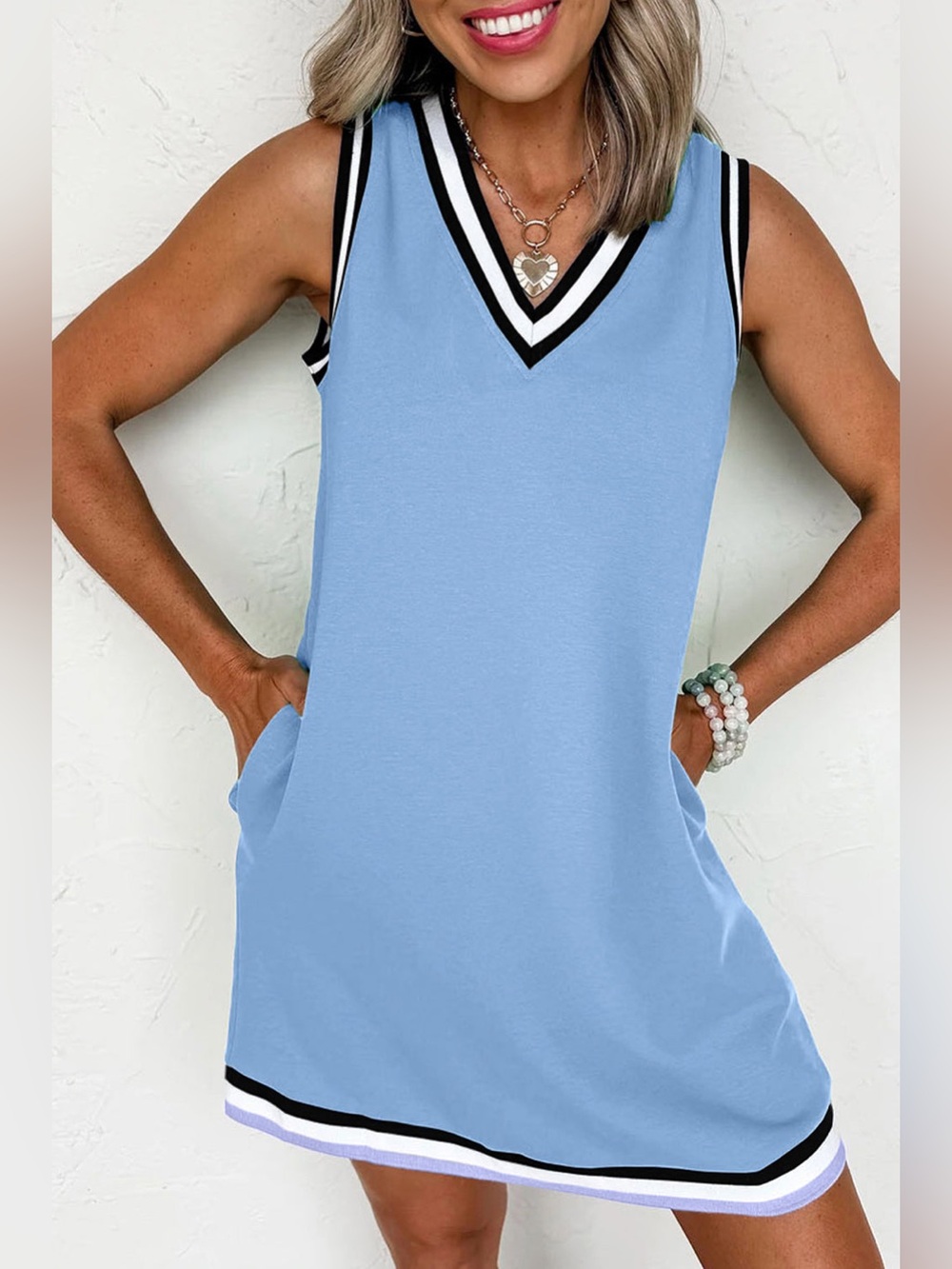 Women's Light Blue V-Neck Sleeveless Tank Dress with Contrast Trim